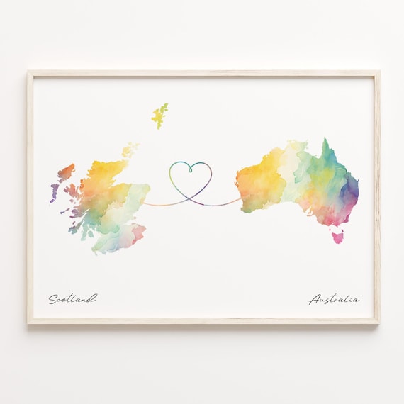 Scotland To Australia Watercolor Map Poster Long Distance Heart Gift