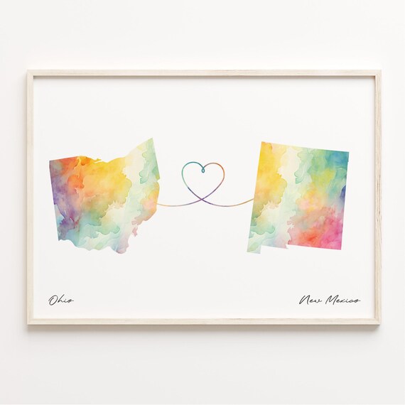 Ohio To New Mexico Watercolor Map Heart Connection Long Distance Love Print