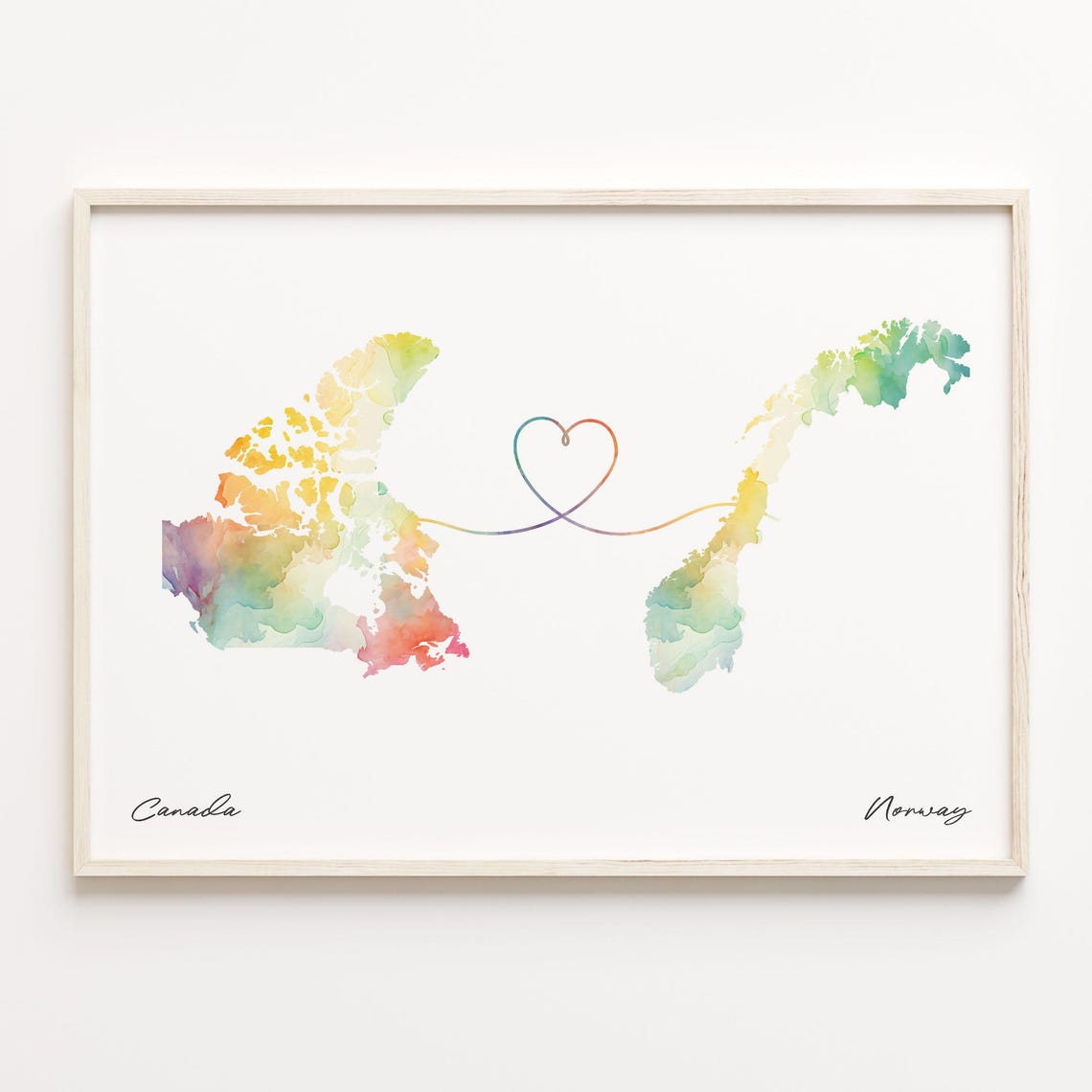 Canada to Norway Watercolor Heart Map Long Distance Art Poster
