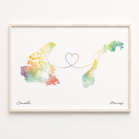 Canada to Norway Watercolor Heart Map Long Distance Art Poster