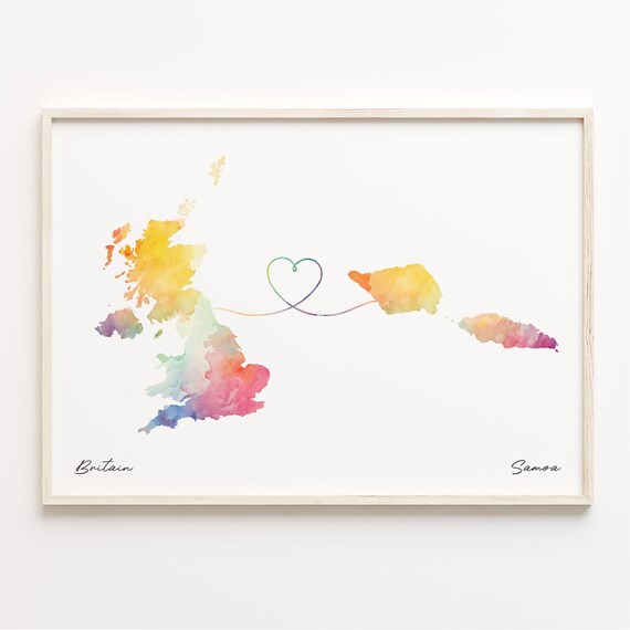 Britain To Samoa Watercolor Map Heart International Love Gift Poster