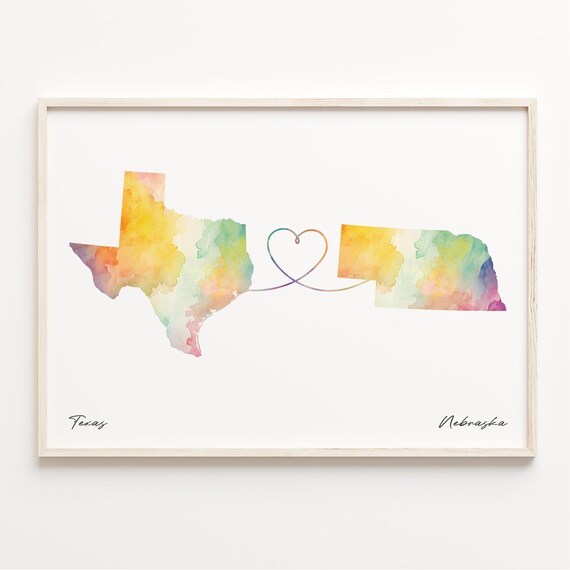 Texas To Nebraska Watercolor Map Heart Connection Travel Poster