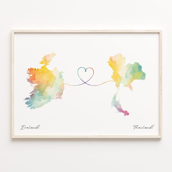 Ireland To Thailand Watercolor Maps Joined By Heart Line Art Print