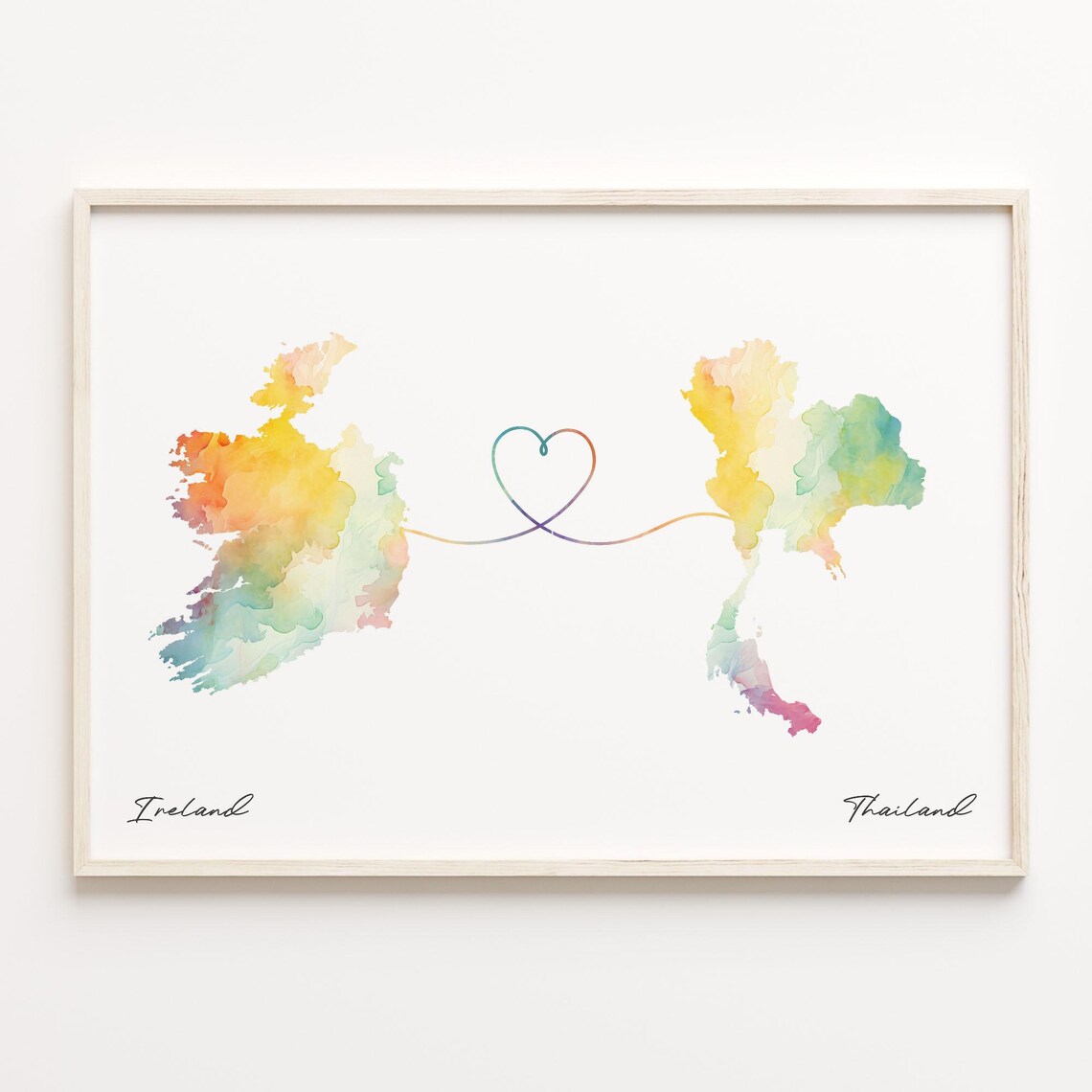 Ireland To Thailand Watercolor Maps Joined By Heart Line Art Print