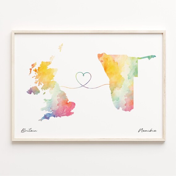 Britain To Namibia Watercolor Map Heart International Friendship Poster