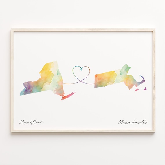 New York Massachusetts Watercolor Heart Map Long Distance Poster