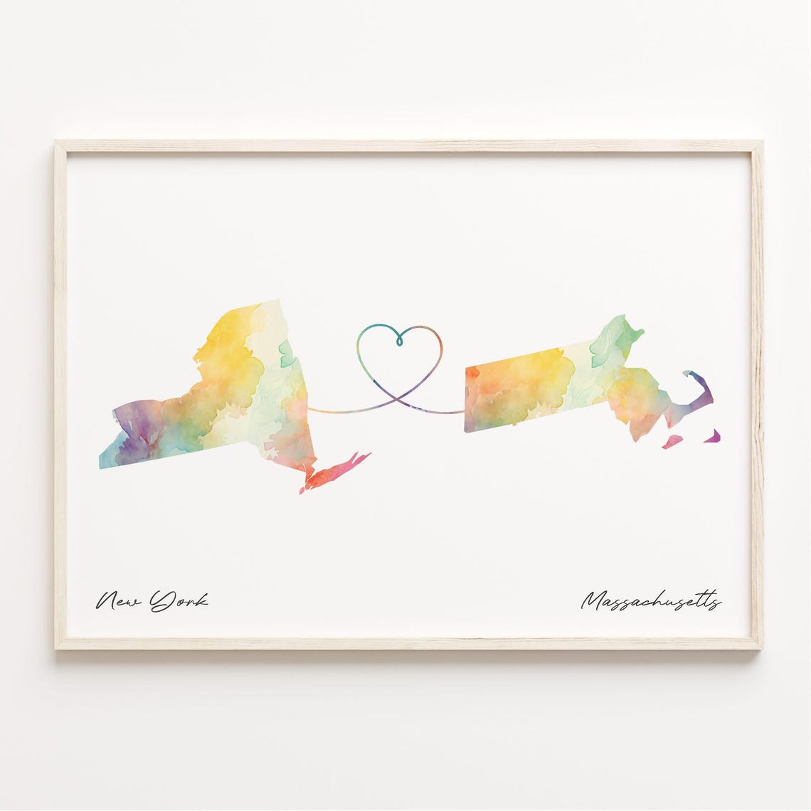 New York Massachusetts Watercolor Heart Map Long Distance Poster