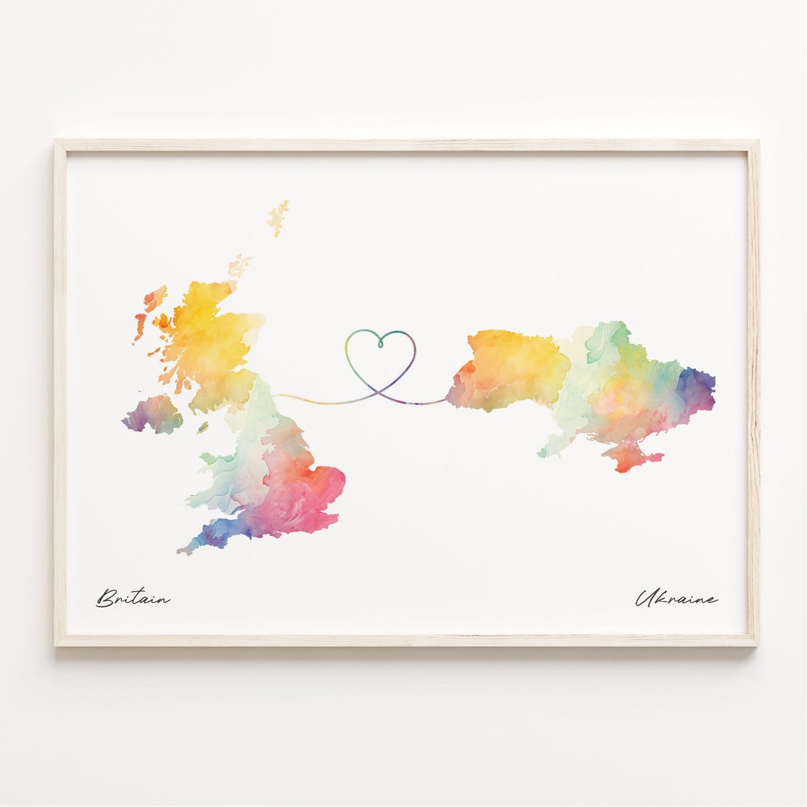 Britain and Ukraine Watercolor Map Heart Connection Art Poster