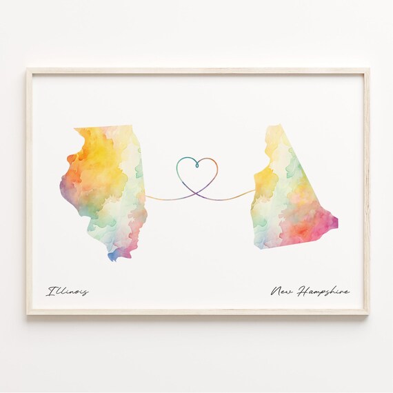 Illinois to New Hampshire Watercolor Heart Map Long Distance Poster