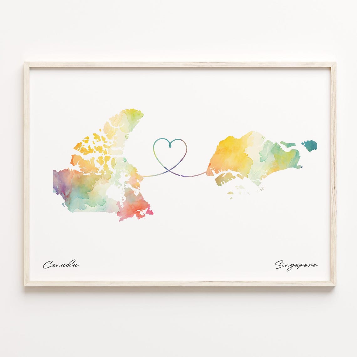 Canada To Singapore Watercolor Map Heart Connection Gift Poster
