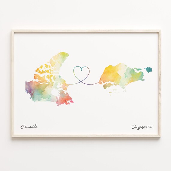 Canada To Singapore Watercolor Map Heart Connection Gift Poster