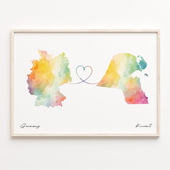 Germany To Kuwait Watercolor World Map Heart Connection Gift Poster