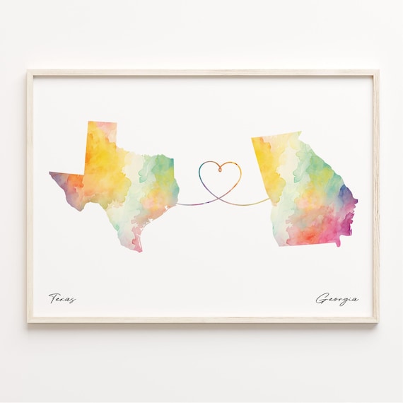 Texas to Georgia Watercolor Map Heart Print Long Distance Love