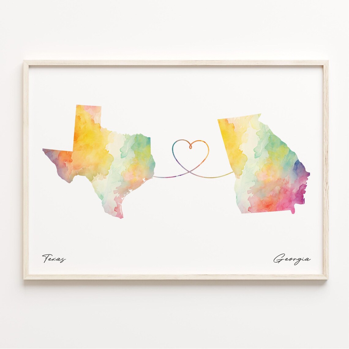 Texas to Georgia Watercolor Map Heart Print Long Distance Love