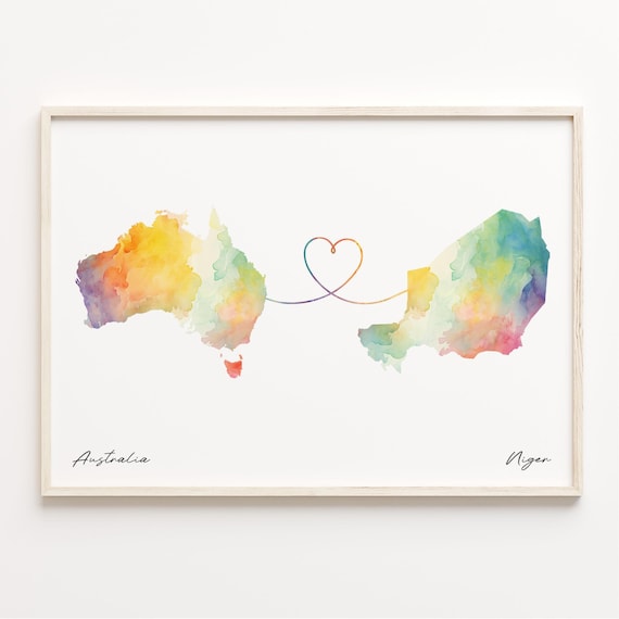 Australia to Niger Love Heart Watercolor Map Long Distance Poster