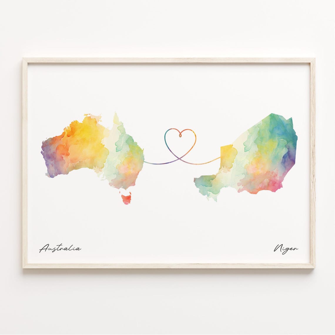 Australia to Niger Love Heart Watercolor Map Long Distance Poster
