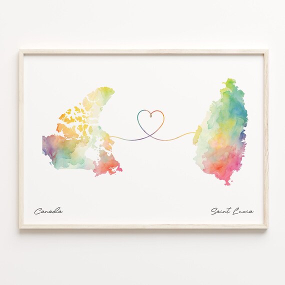 Canada To Saint Lucia Watercolor Heart Map Long Distance Gift Poster