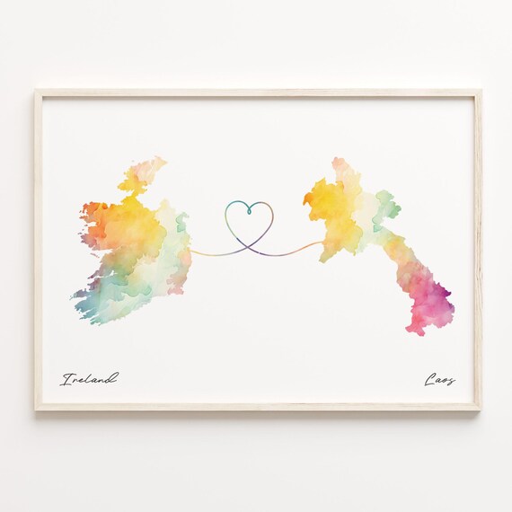 Ireland to Laos Watercolor Country Maps Heart Long Distance Love Poster