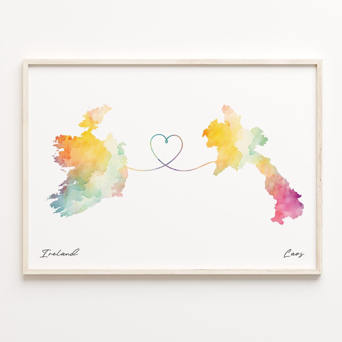 Ireland to Laos Watercolor Country Maps Heart Long Distance Love Poster