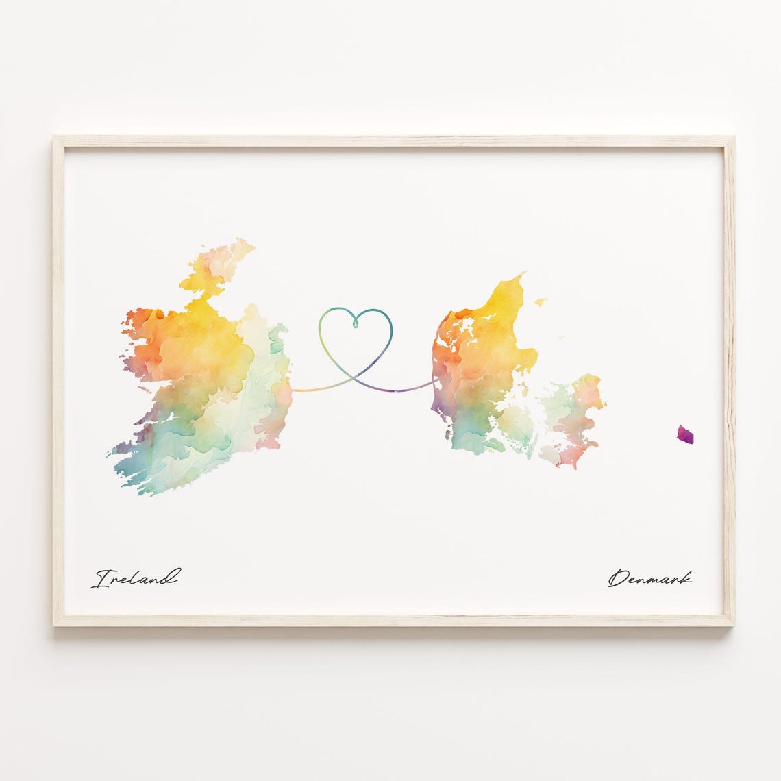 Ireland and Denmark Watercolor Heart Map Connection Gift Poster