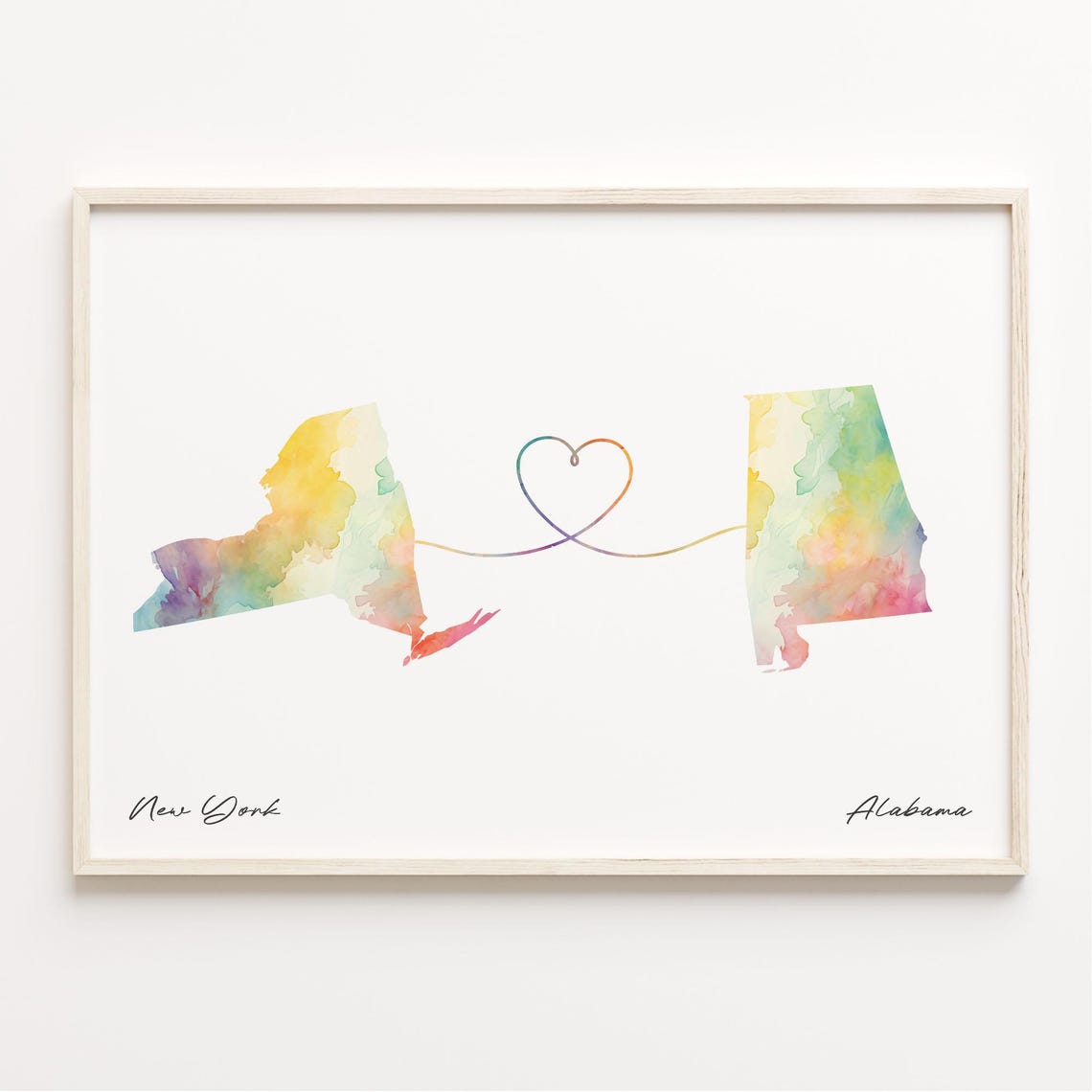 New York to Alabama Heart Line Watercolor US State Map Poster