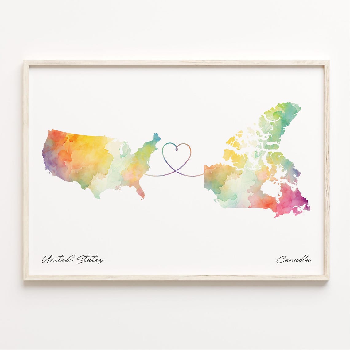 United States to Canada Watercolor Map Heart Long Distance Poster