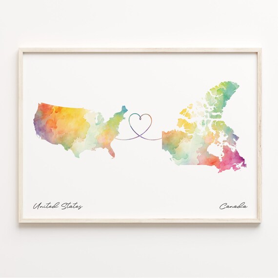 United States to Canada Watercolor Map Heart Long Distance Poster