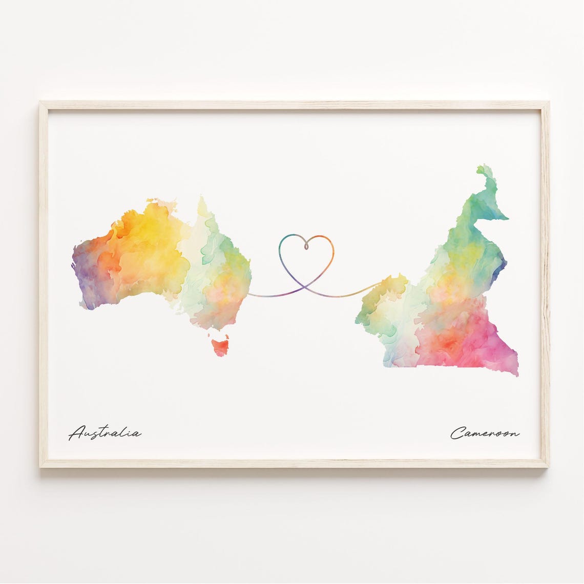 Australia to Cameroon Long Distance Watercolor Heart Map Art Print