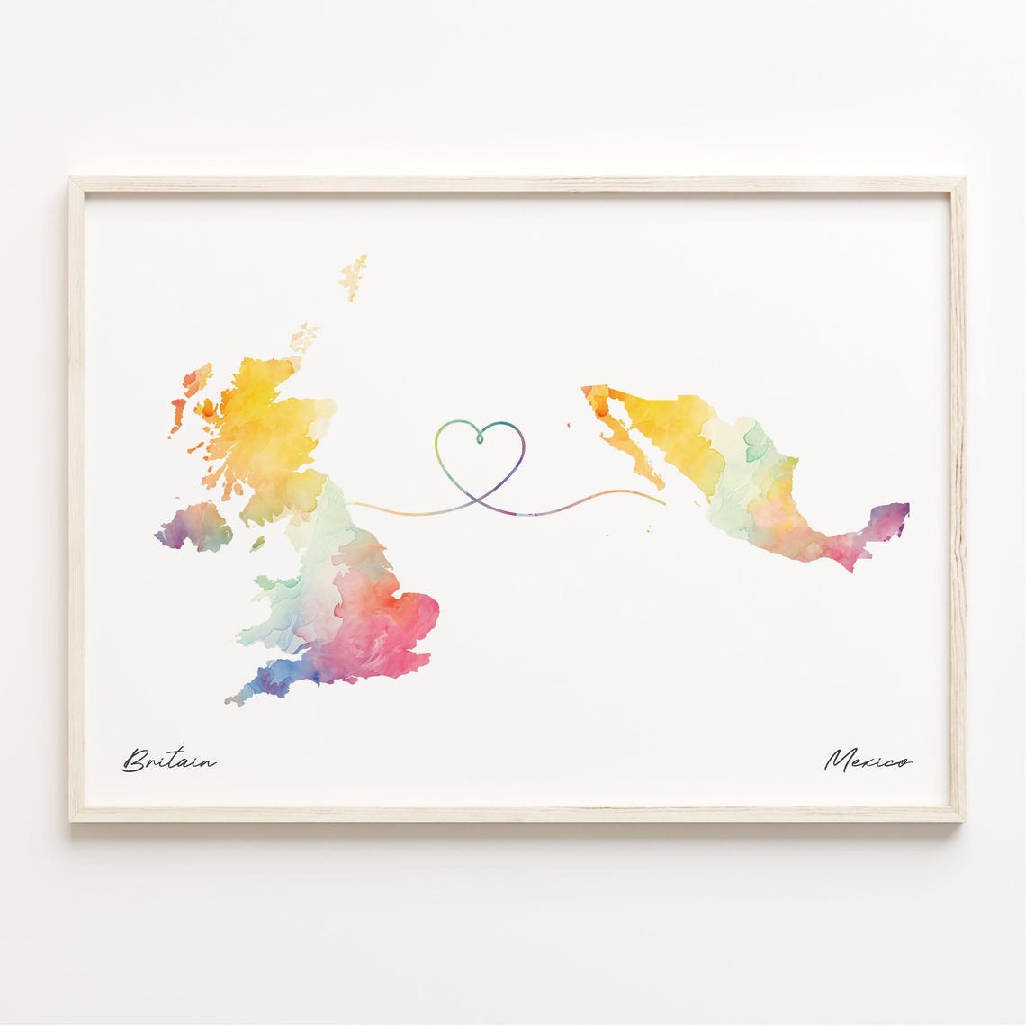 UK to Mexico Watercolor Heart Connection Long Distance Gift Poster