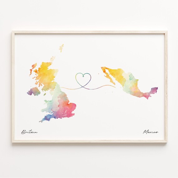 UK to Mexico Watercolor Heart Connection Long Distance Gift Poster