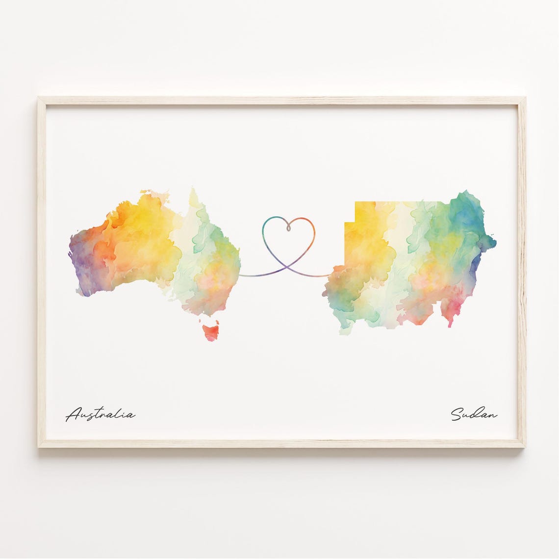 Australia To Sudan Watercolor Map Linked By A Heart Line Poster