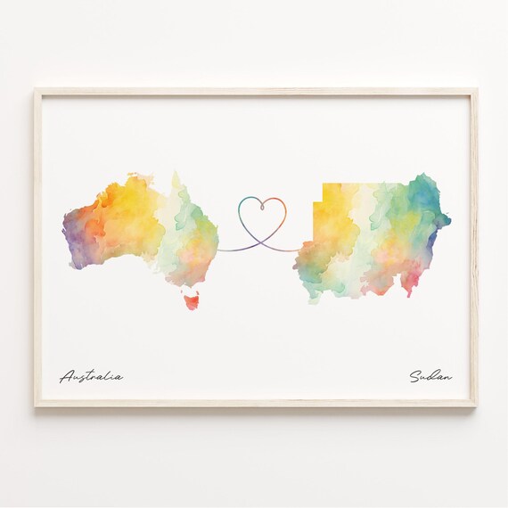 Australia To Sudan Watercolor Map Linked By A Heart Line Poster