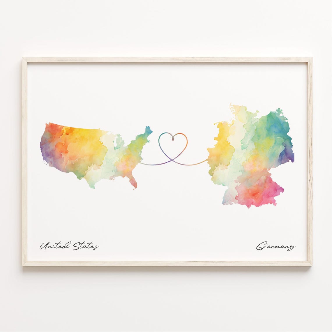 United States to Germany Watercolor Long Distance Love Map Poster