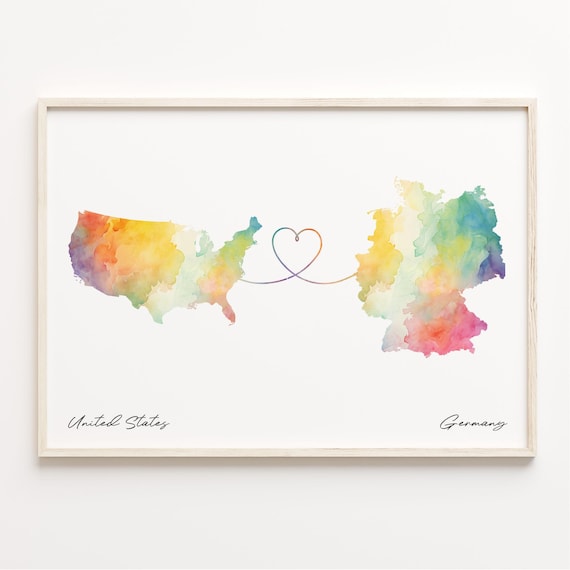 United States to Germany Watercolor Long Distance Love Map Poster