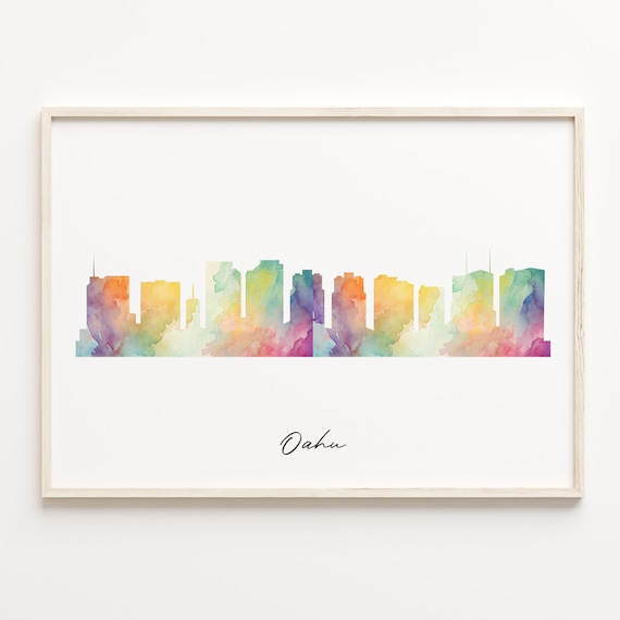 Oahu Hawaii Watercolor Skyline Cityscape Island Travel Gift Poster
