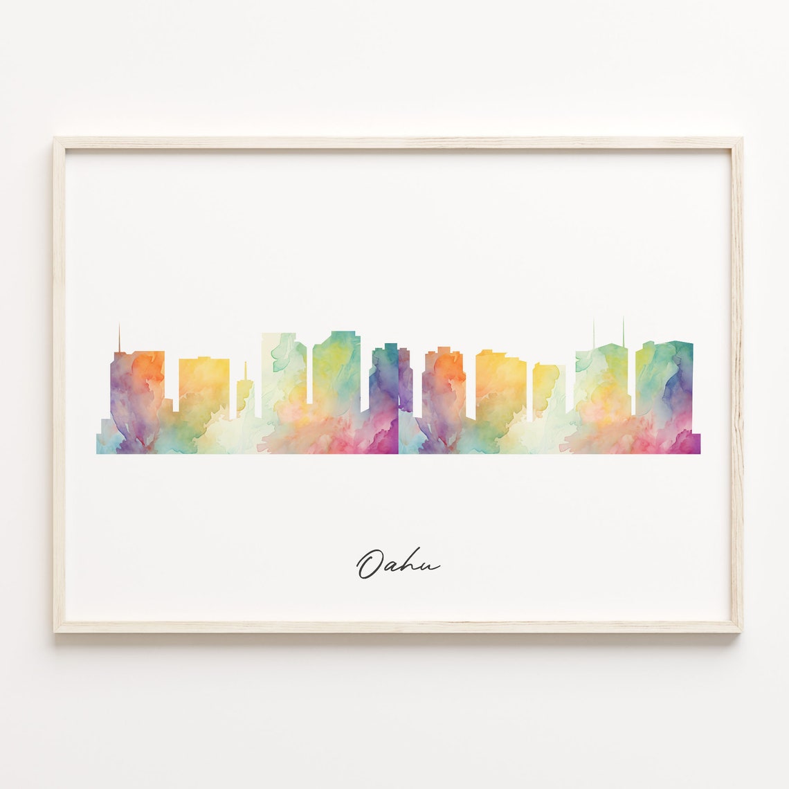 Oahu Hawaii Watercolor Skyline Cityscape Island Travel Gift Poster