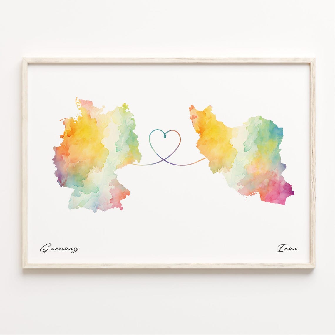 Germany to Iran Watercolor Map Heart Long Distance Love Art Poster