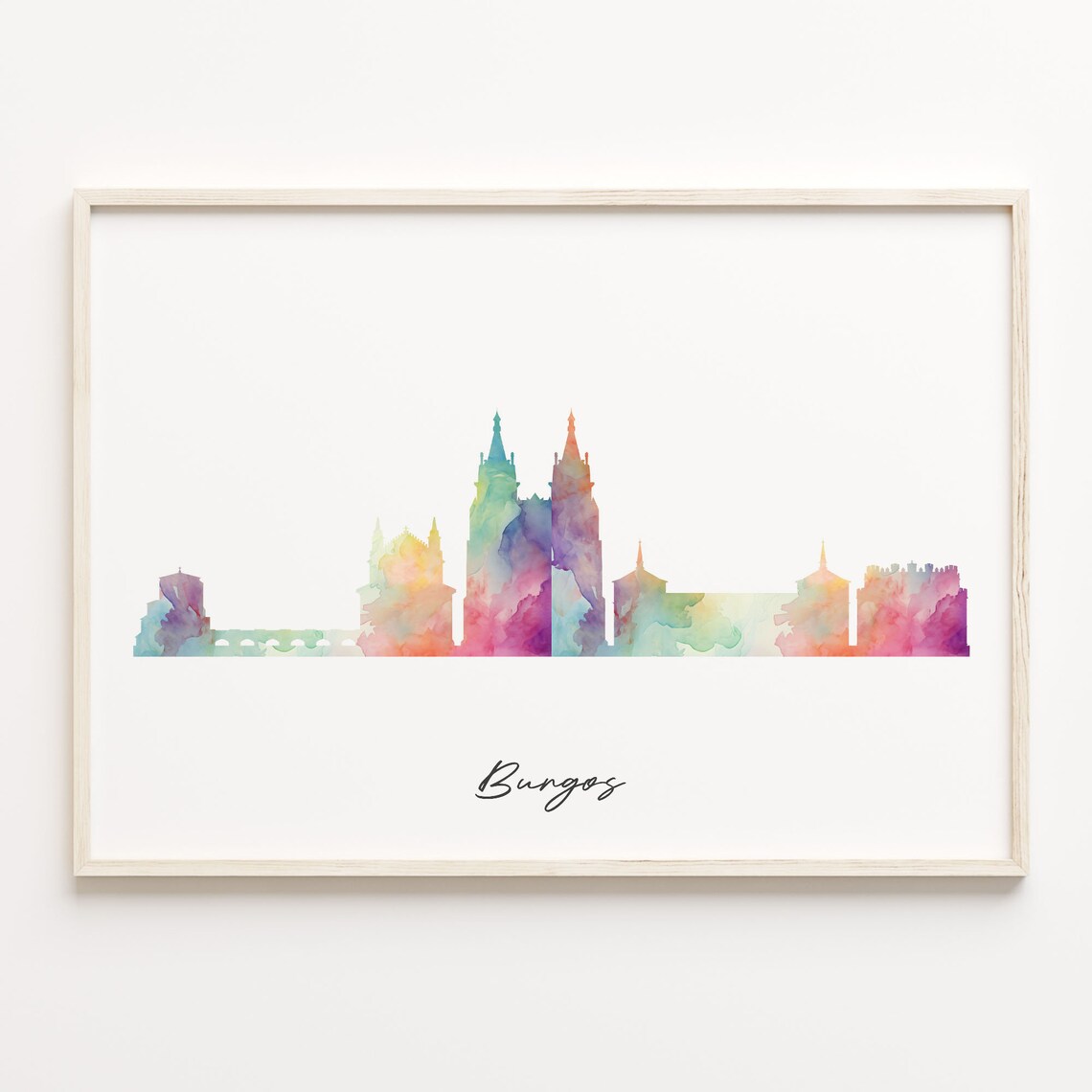 Burgos Spain Rainbow Watercolor Skyline Cityscape Travel Poster