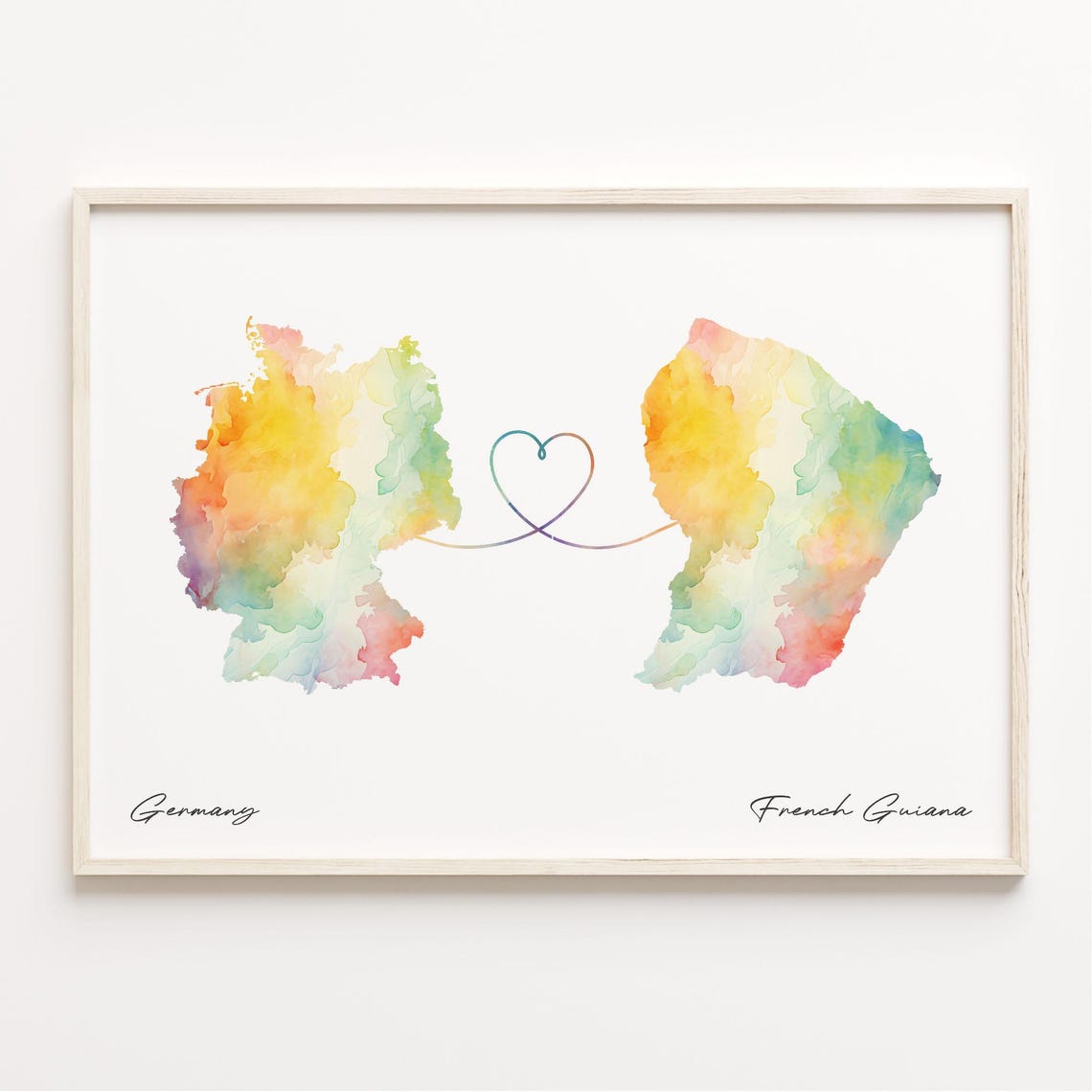 Germany To French Guiana Watercolor Heart Map Love Connection Poster