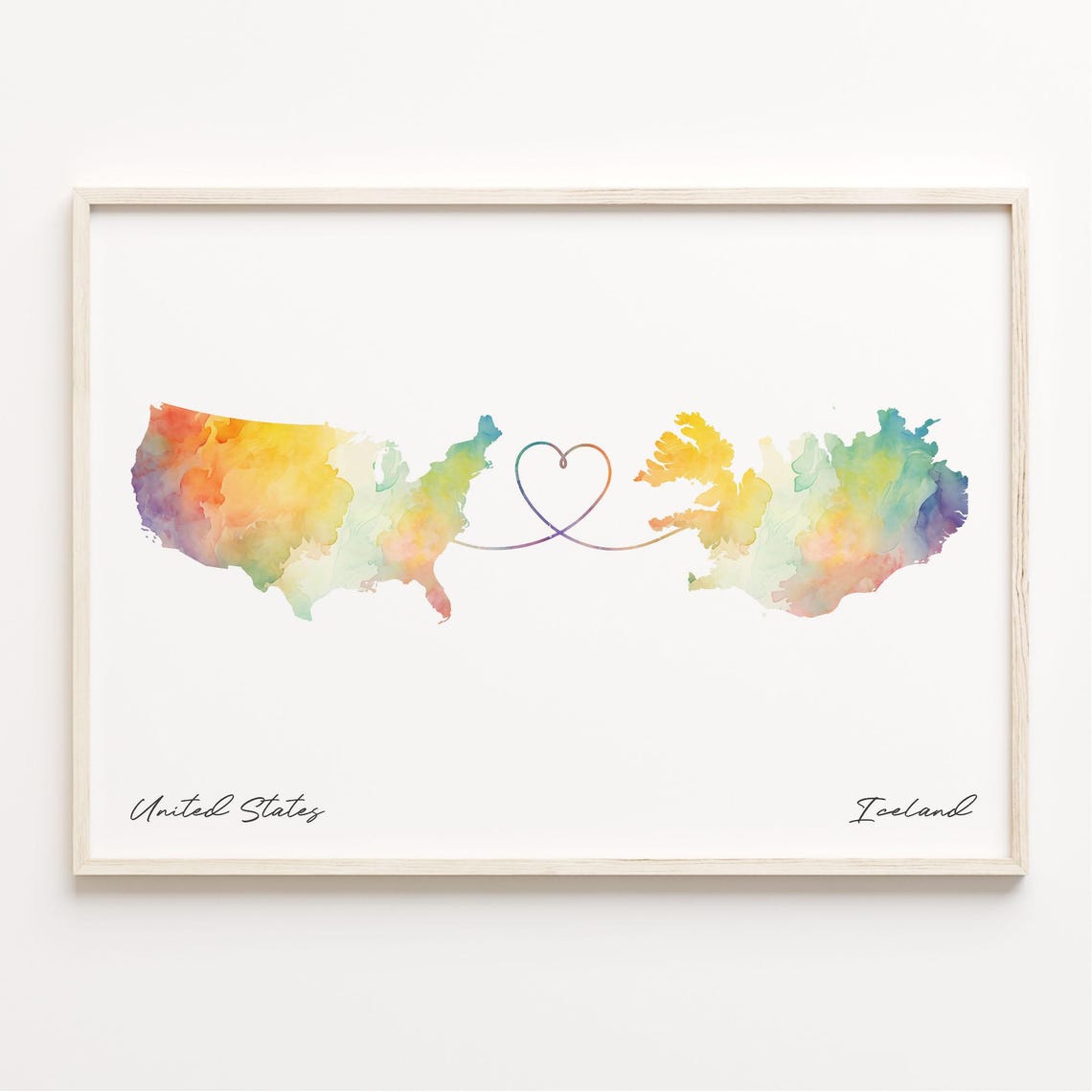 United States to Iceland Watercolor Heart Connection Map Poster