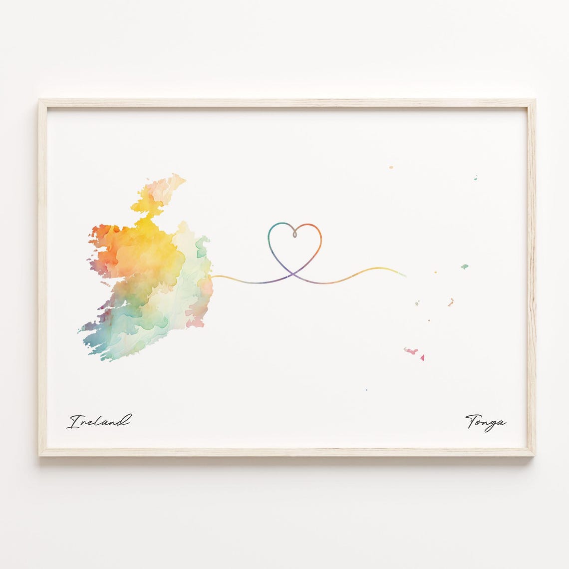 Ireland to Tonga Watercolor Heart Map Long Distance Love Print