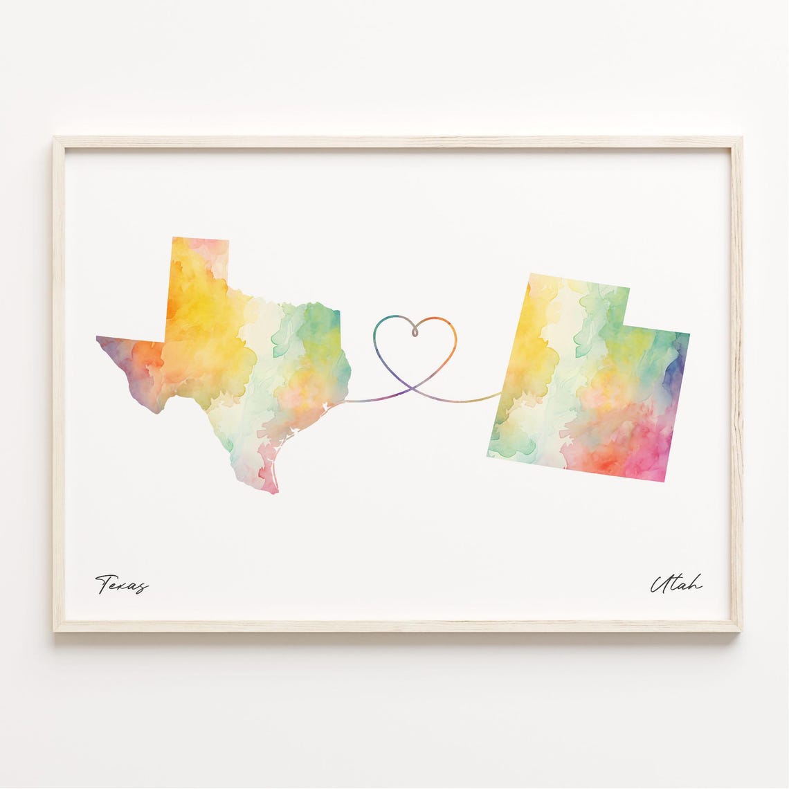 Texas To Utah Watercolor State Map Heart Connection Gift Art Poster