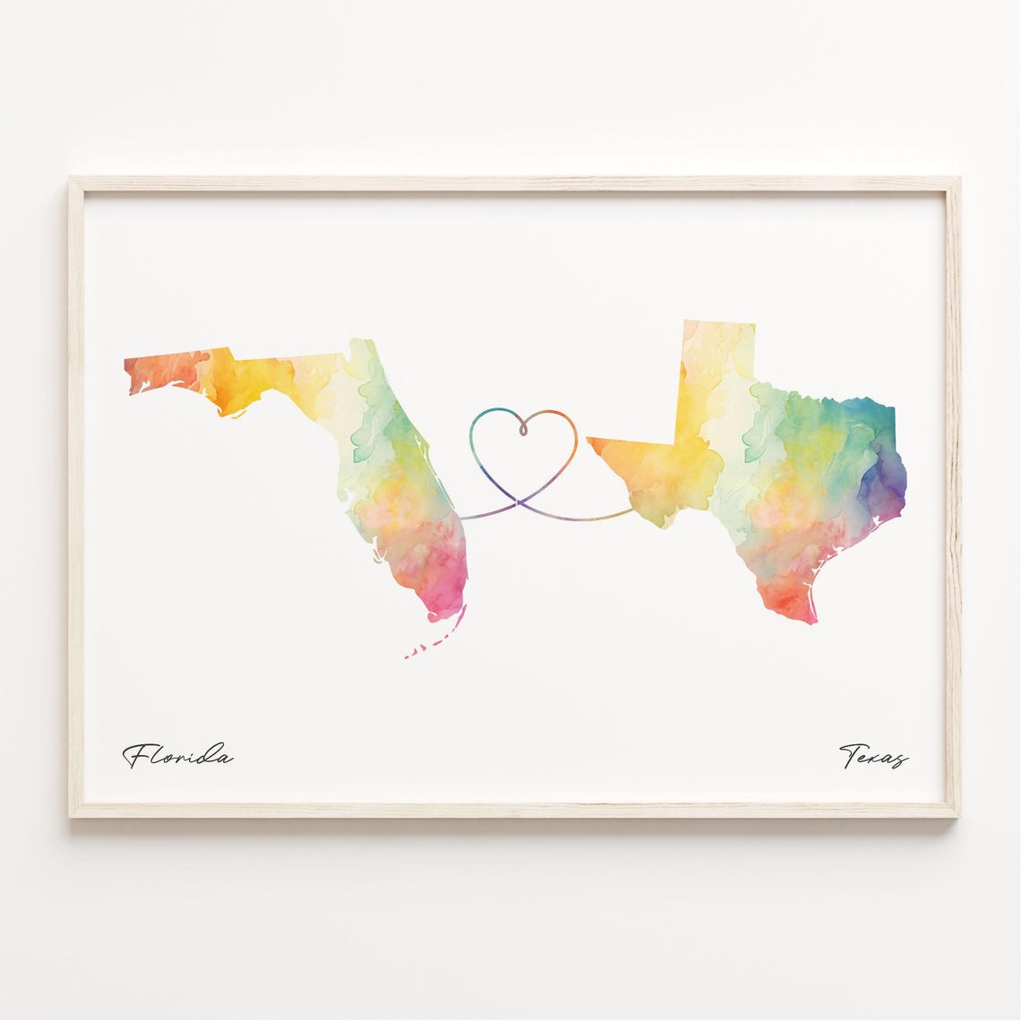 Florida to Texas Watercolor Map Heart Connection Wall Art Gift