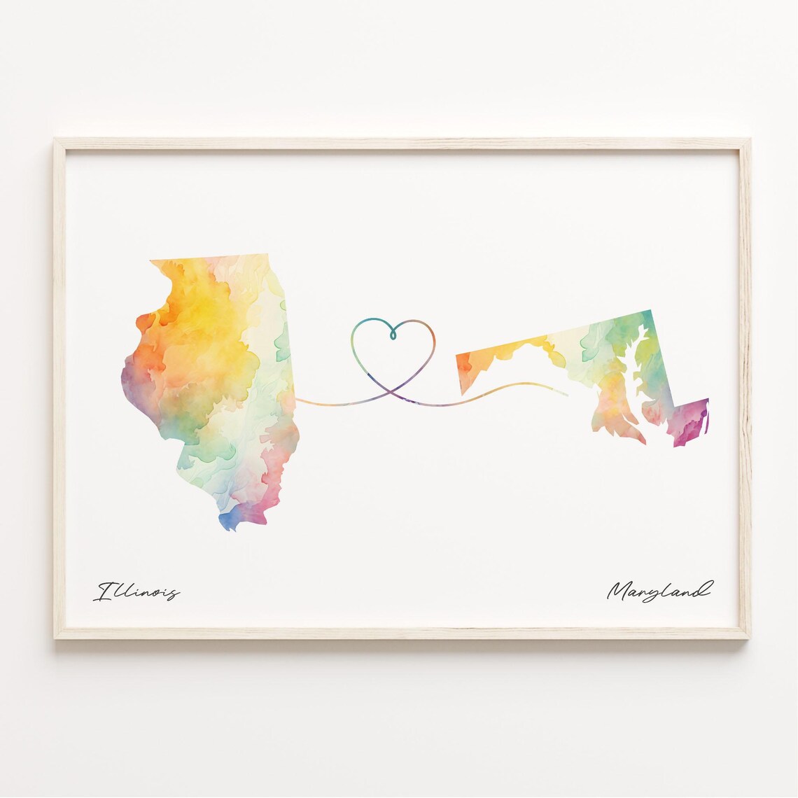 Illinois To Maryland Long Distance Love Watercolor Map Poster