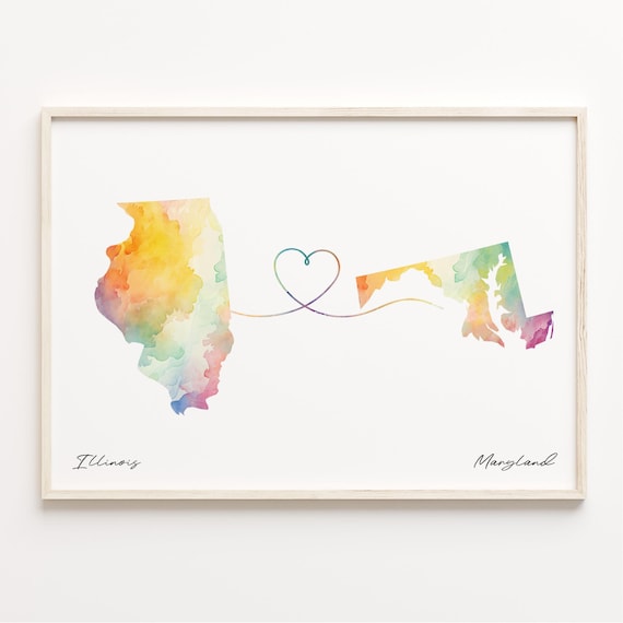 Illinois To Maryland Long Distance Love Watercolor Map Poster