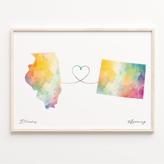 Illinois To Wyoming Long Distance Love Watercolor Heart Map Poster