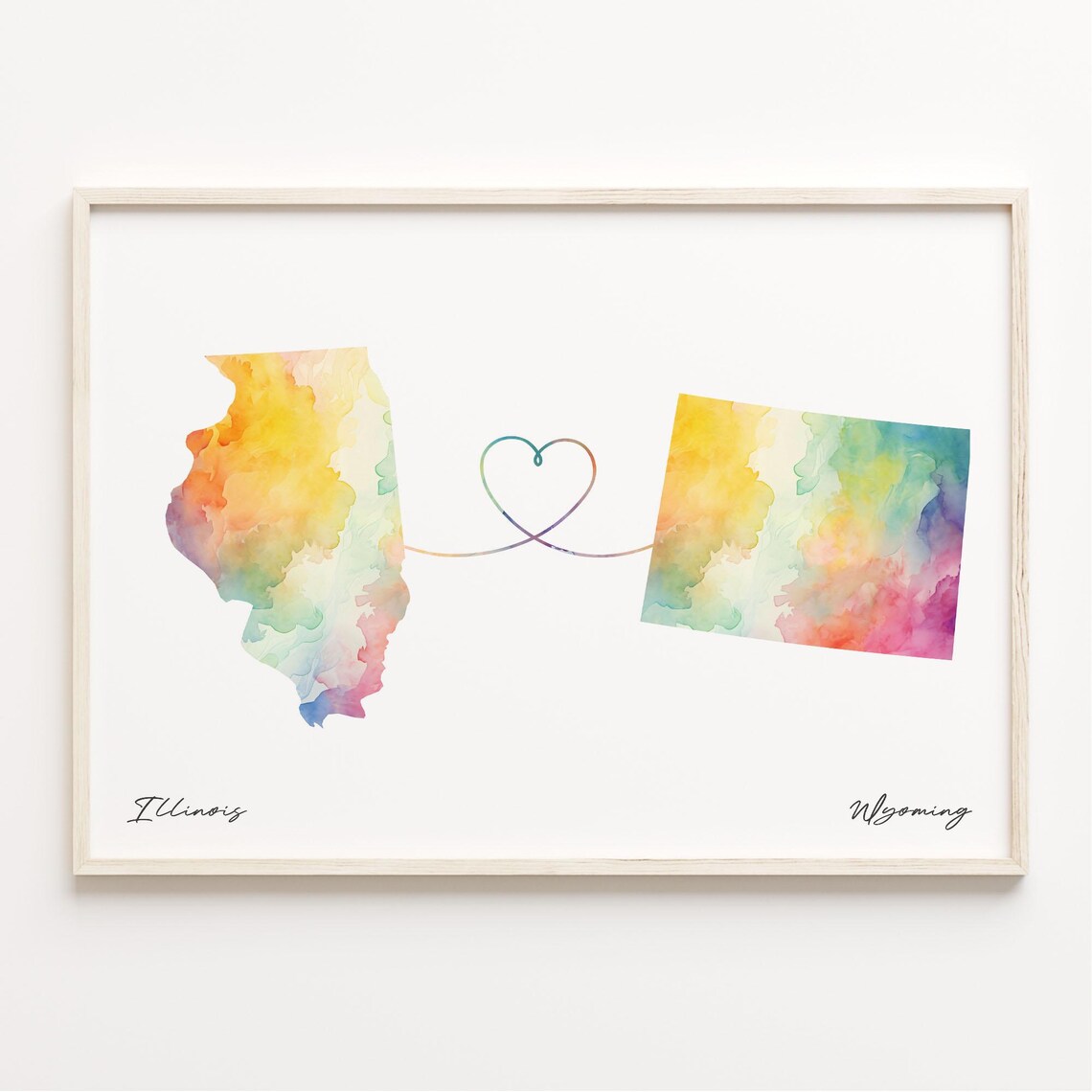 Illinois To Wyoming Long Distance Love Watercolor Heart Map Poster