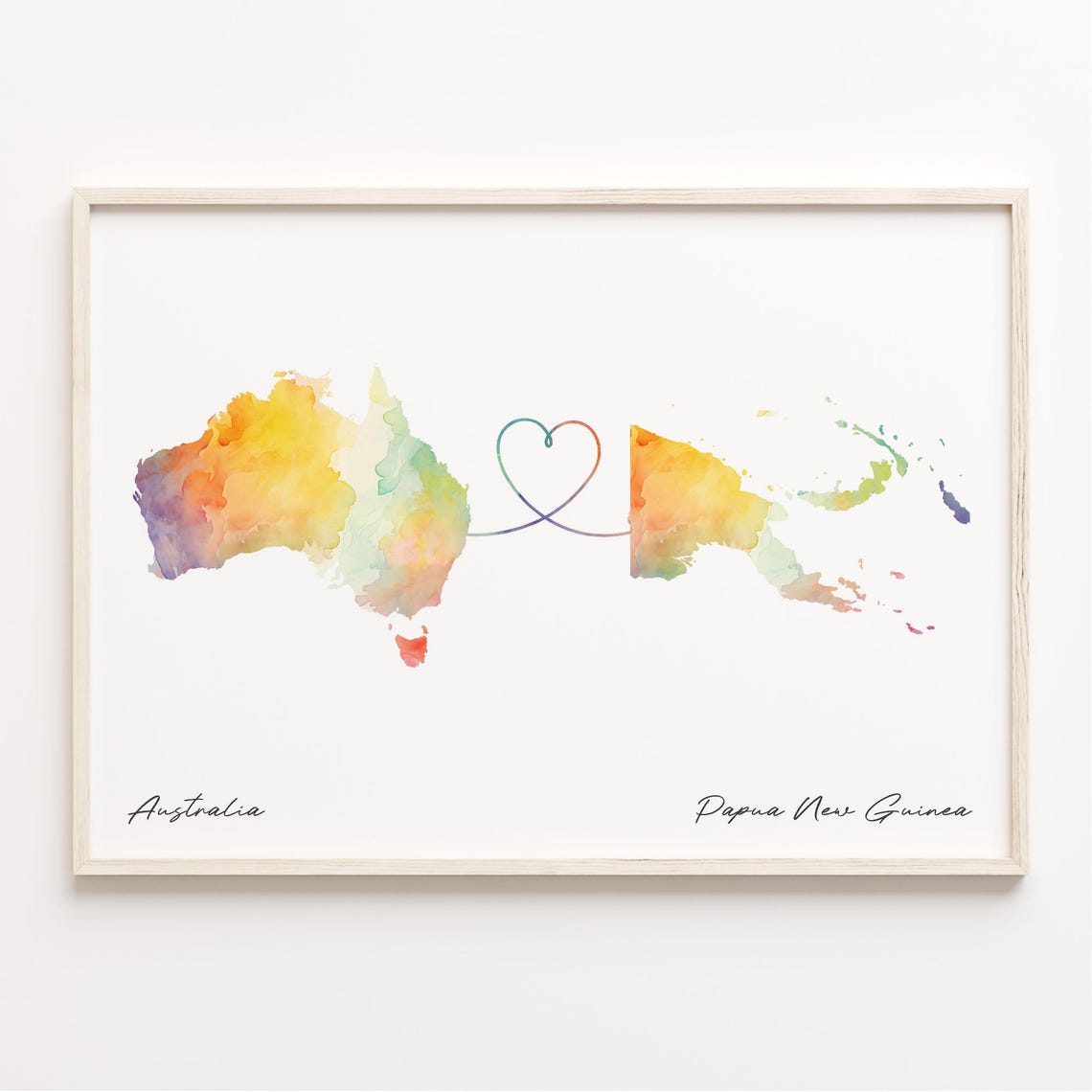 Australia to Papua New Guinea Watercolor Heart Map Connection Print