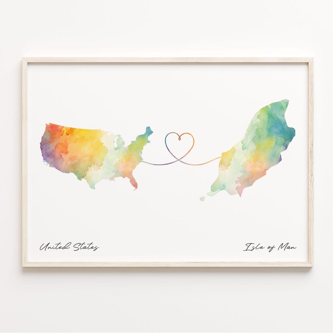 United States Isle of Man Heart Watercolor Long Distance Map Poster