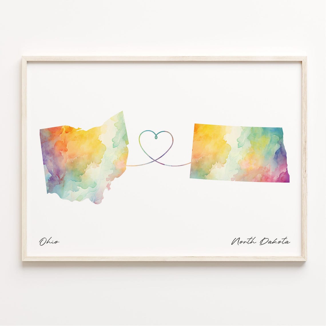 Ohio To North Dakota Watercolor Map Heart Friendship Gift Poster